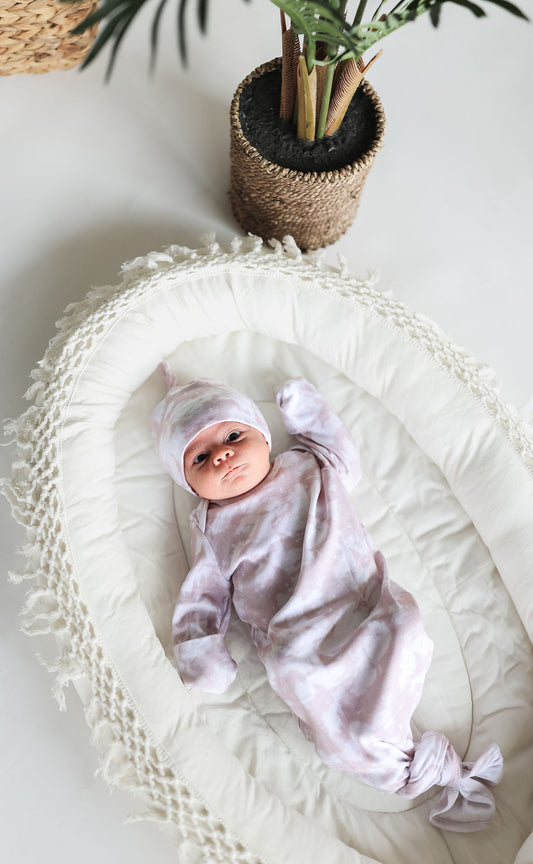 Organic Newborn Hat + Gown Set in Cream Tie Dye